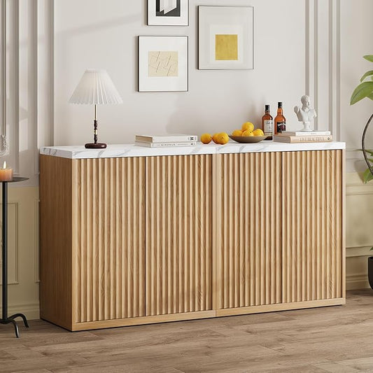 31” Sideboard Cabinet with Storage, Fluted Accent Cabinet with Adjustable Shelves, Modern Wood Credenza Cabinets with Pop-up Doors for Entryway Kitchen Living Room Hallway, Faux Marble Top 2pcs