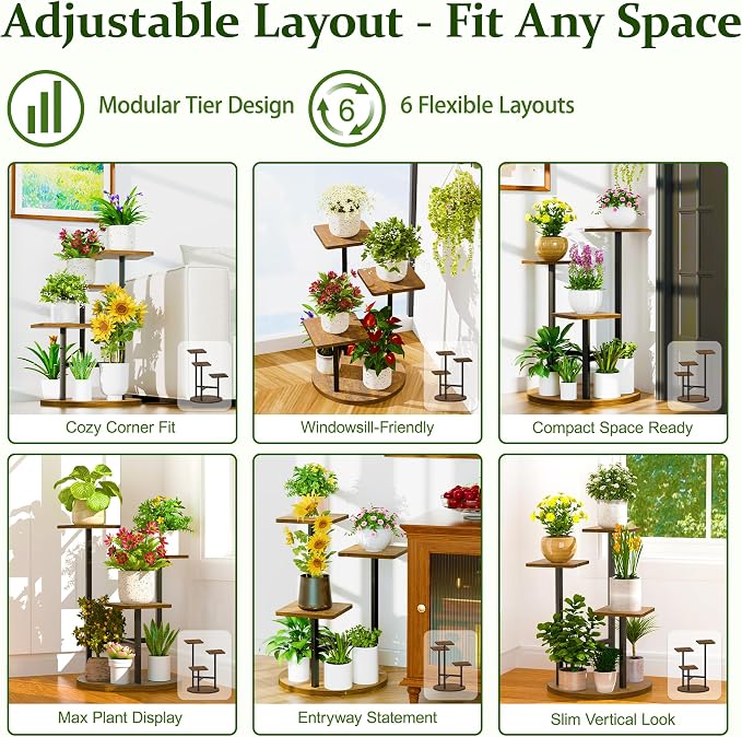 3 Tier Wood Plant Stand Indoor Outdoor, Wood Tall Plant Rack, Heavy Duty Wrought Iron Flower Pot Stand, Planter Display Rack for Living Room Balcony Garden Patio - BlackSquare