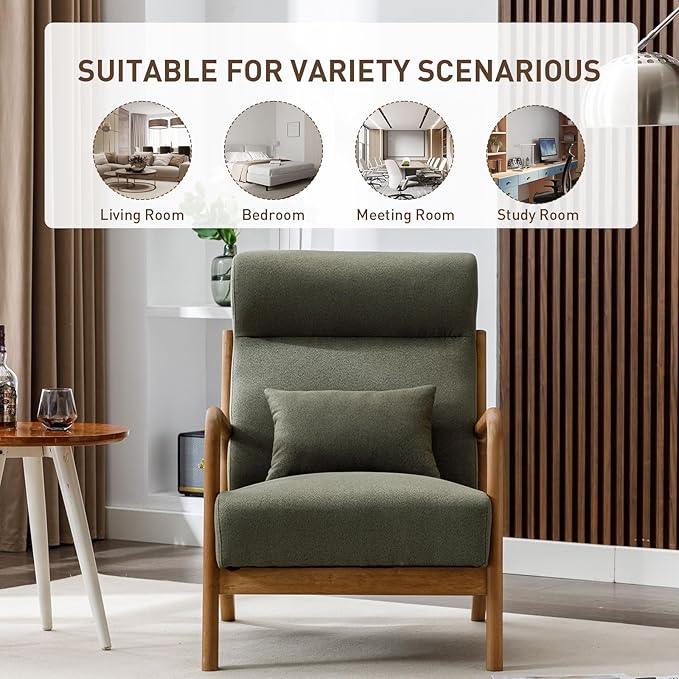 ANJ Mid Century Modern Accent Chair with High Back, Single Lounge Armchair with Solid Wood Frame, Comfy Reading Chair for Living Room, Easy Assembly