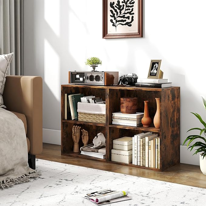 Giantex 2-Cube Bookshelf of 2, 2-Layer Storage Shelf Bookcase w/Large-Capacity Open Storage Space for Living Room Bedroom Study Office, Multi-Functional Furniture Display Cabinet, Rustic Brown