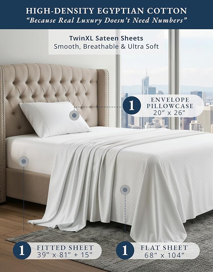 LANE LINEN 100% Egyptian Cotton Twin XL Sheet Sets, Soft & Comfy Hotel Like Thick Fully Elasticized Mercerized Cotton Sheets Jaquard, No Pill Fade Resistant Twin XL Sheets - Swiss Dot White