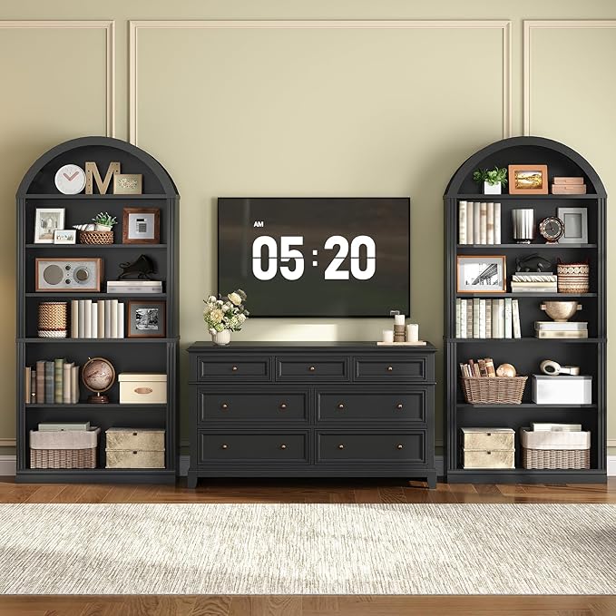 RALGEND Arched Bookshelf, 75.8" Tall Arch Bookcase with Storage, 6-Tier Farmhouse Book Shelf, Arched Cabinet, Wooden Bookshelf with Open Display Shelves, Adjustable Shelf, Office, Black