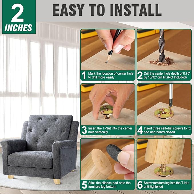 FoDau770 Rubber Wood Furniture Legs 2 Inches, Slant Tapered Wood Feet Mid Century Sofa Legs Set of 4, 5/16" UNC Furniture Feet Replacement Parts for Cabinet Couch Dresser Chair Ottoman Table