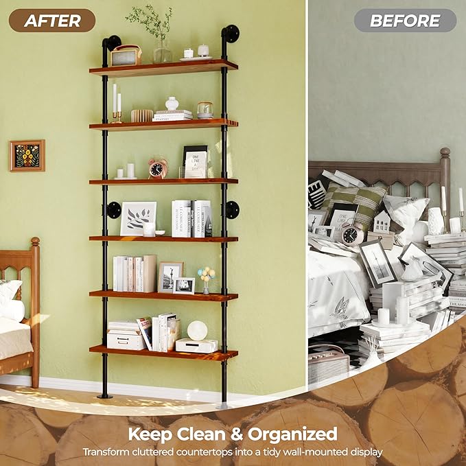 6 Tier Industrial Ladder Shelf Bookcase, Wall Mounted Rustic Bookshelf for Living Room Decor and Storage (Walnut Color, 6 Tier - 10" D x 36" W x 82.5" H)