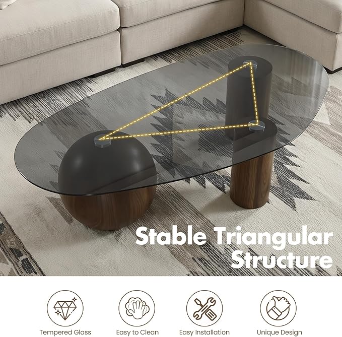 55" Black Glass Top Cloud Coffee Table, Modern Irregular Coffee Table with Walnut Finished Legs, Modern Indoor Accent Center Table for Living Room Bedroom