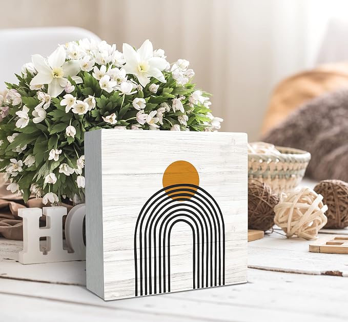 SRADMO Boho Sun Rainbow Abstract Geometric Balance Arch Shapes Wood Box Sign Desk Decor, Boho Mid Century Modern Art Wooden Block Box Sign Decoration For Home Office Shelf Table Decor