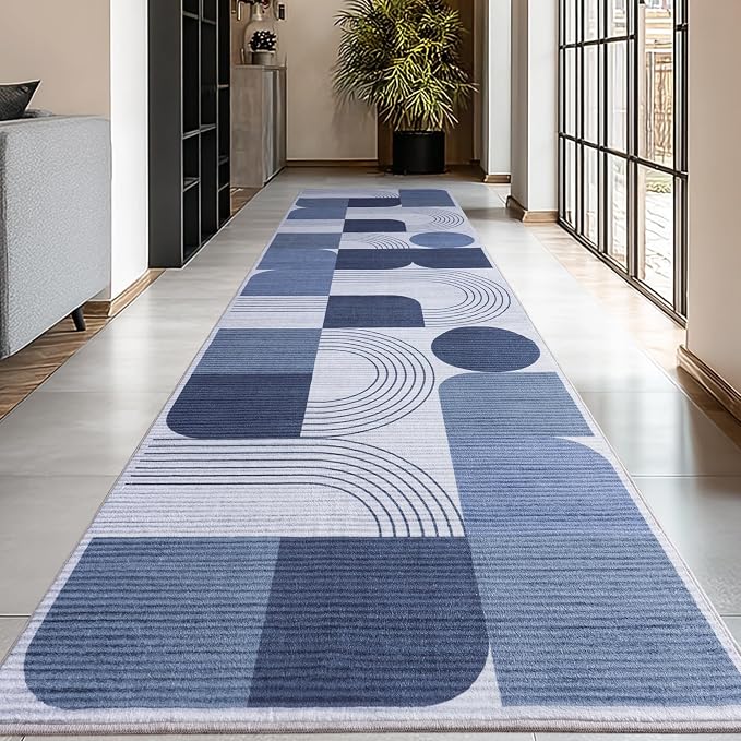 Machine Washable 2.7x10 Runner Rug, Soft Modern Geometric Abstract Blue Rugs for Bedroom Living Room, Non-Shedding Faux Wool Indoor Throw Floor Carpet for Office Entryway Dining Room Decor