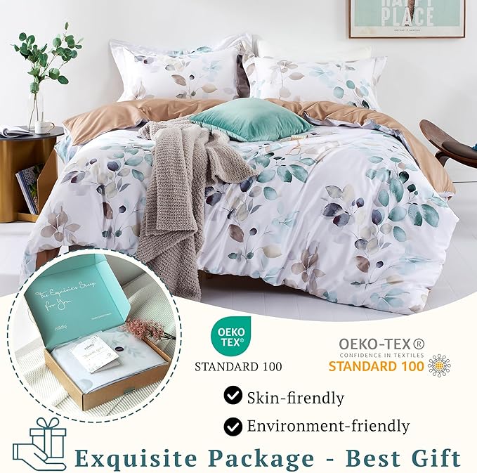 MILDLY 100% Long-Staple Cotton Duvet Cover Set Teal Blue Green Leaf Pattern Printed Comforter Cover 2pcs, Ultra Soft & Breathable Bedding Set