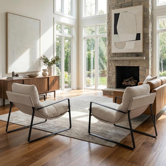 LukeAlon Modern Accent Armchairs Set of 2, Upholstered Soft Living Room Chairs with Metal Base Removable Thickened Cushion Sofa Chairs Comfy Lounge Chair for Bedroom Living Room, White Chenille