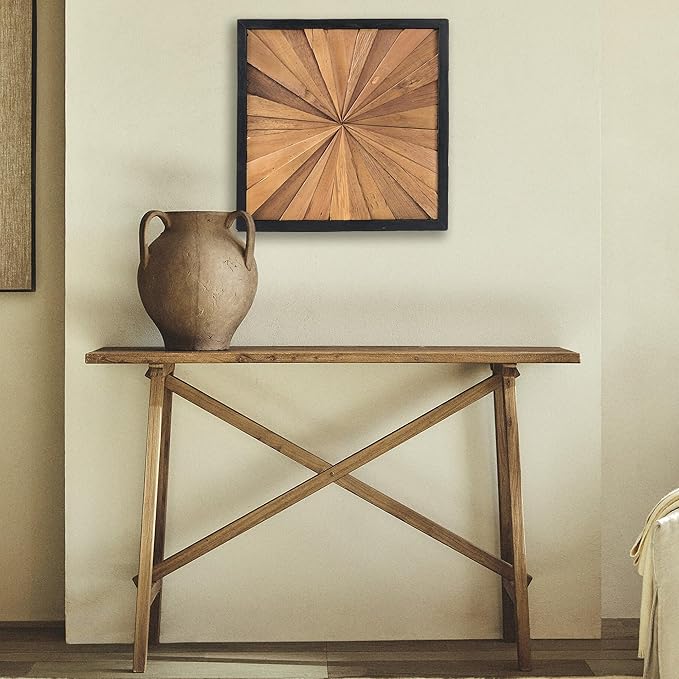 Warmaxx Rustic Teak Wood Framed Wall Décor Aesthetic 17" x 17" Farmhouse Wall Art Christmas Decoration Home Office Dorm Square Handmade Sunrise Pattern Wooden Wall Décor Living Room Bedroom Hallway