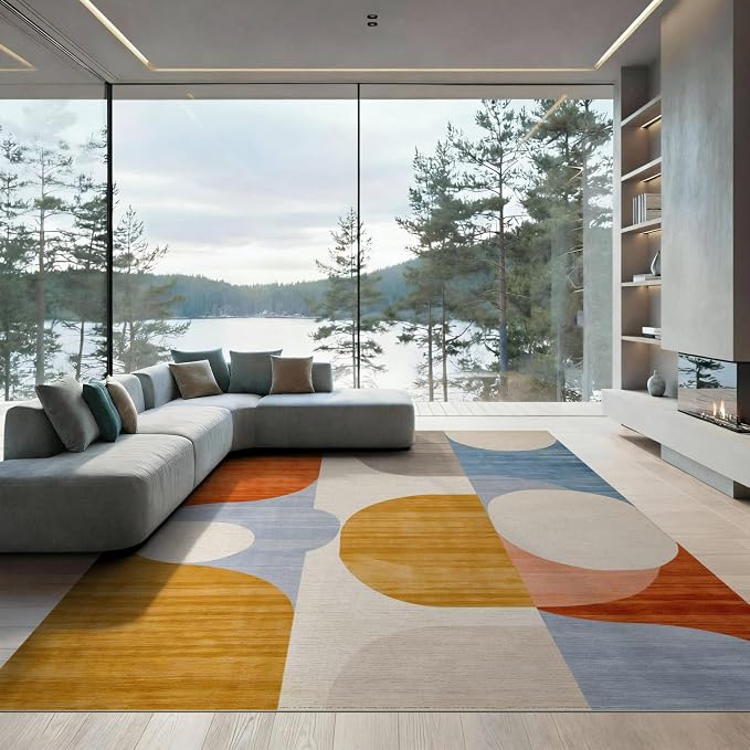 Flatwoven High Traffic Area Rug 8x10, Mid Century Modern Abstract with Fluid Lines and Symmetrical Ovals, Non Slip, Stain Resistant, Washable Area Rugs for Living Room, Bedroom (Orange, 8x10)