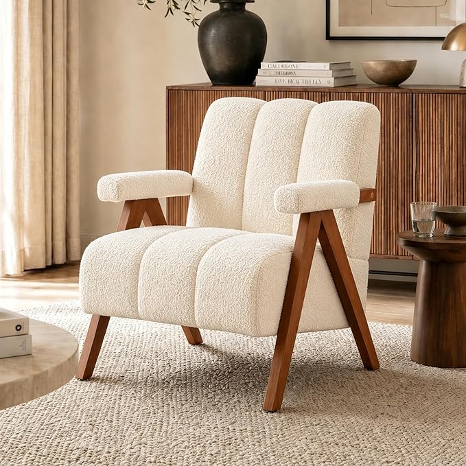 Mid Century Modern Accent Chair with Solid Oak Wood Frame, Upholstered Chenille Lounge Chair with Ergonomic Backrest and Thick Cushion for Living Room Bedroom Balcony, Beige
