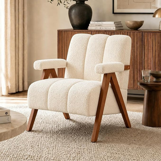 Mid Century Modern Accent Chair with Solid Oak Wood Frame, Upholstered Chenille Lounge Chair with Ergonomic Backrest and Thick Cushion for Living Room Bedroom Balcony, Beige