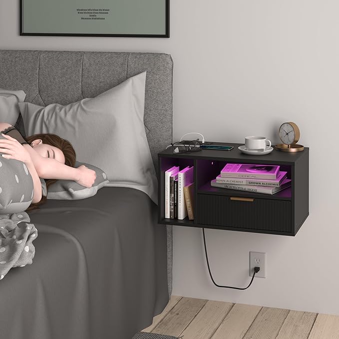 Black Floating Nightstand with Charging Station and LED Lights,Black