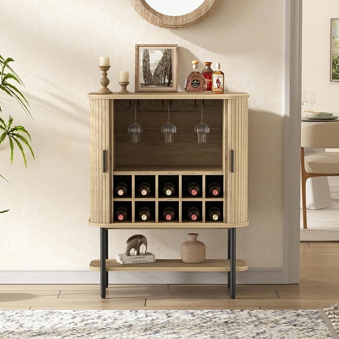 FiveWillowise Coffee Bar Cabinet with Storage, Fluted Wine Cabinet with Sliding Door, Glass Holder and Wine Rack, Buffet Sideboard Liquor Cabinet for Kitchen, Dining Room, Living Room, Natural