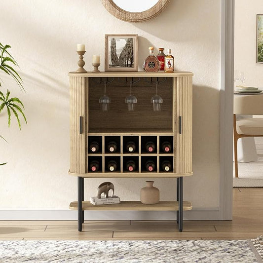 FiveWillowise Coffee Bar Cabinet with Storage, Fluted Wine Cabinet with Sliding Door, Glass Holder and Wine Rack, Buffet Sideboard Liquor Cabinet for Kitchen, Dining Room, Living Room, Natural