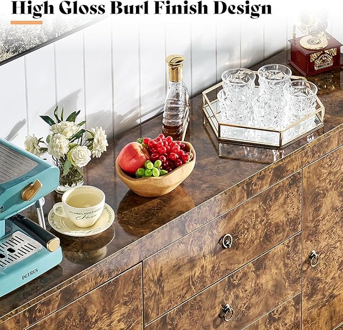 AMERLIFE 60" Large High Gloss Burl Buffet Sideboard Cabinet, Wood Sideboard Storage Cabinet with Drawers, Retro Handles, Heavy Duty Coffee Wine Bar Buffet Table for Dining Room, Living Room, Brown