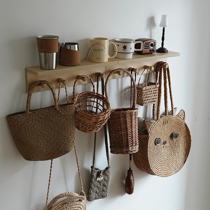 Entrance Coat Rack ，Coat Hooks, Wall-Mounted Wooden Hook Rack, Wall-Mounted Shelves are Very Suitable (Birch Color Finish—A-2)