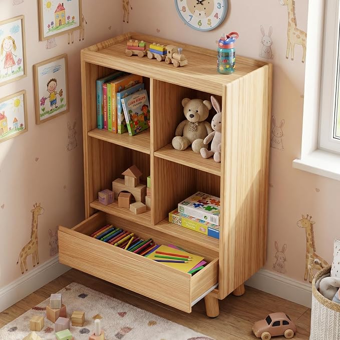 YOSHOOT 4 Cube Bookshelf with 1 Drawer - 21.7" Wood Cube Bookcase with Legs, Open Cubby Bookshelves for Bedroom, Living Room,Home Office, Nature