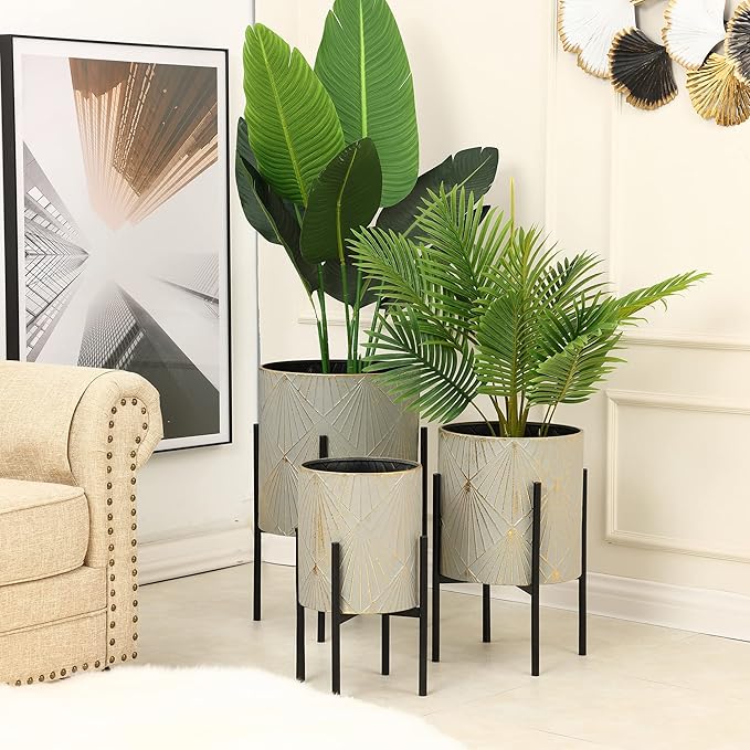 LuxenHome Planters for Indoor Plants, Set of 3 Floor Plants Pots with Stands, Modern Decorative Metal Flower Pots, Distressed Gray and Gold Cachepot Planters, 9.5", 11.87", 14" Inch