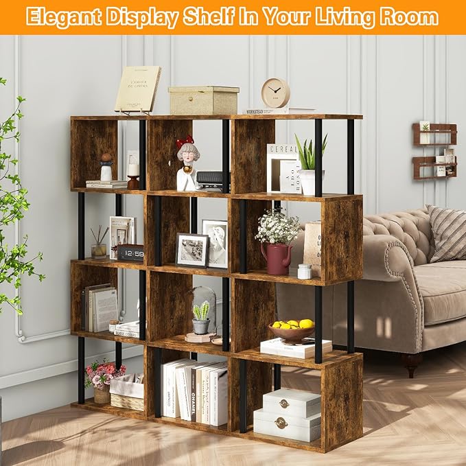 IBUYKE 5-Tier Tall Bookshelf,S-Shaped Geometric Bookcase, Wood Display Shelves with Storage,Industrial Bookshelf for Living Room Bedroom, Home Office, Rustic Brown WBC015H