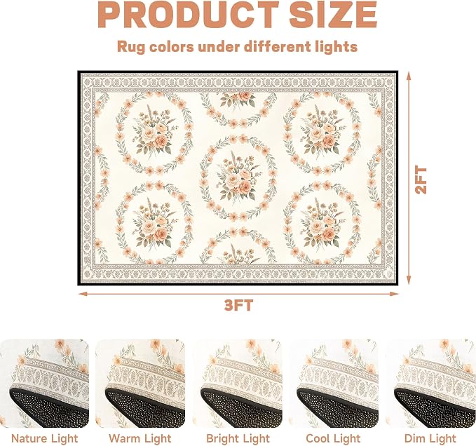 2'x3' Boho Floral Area Rug Vintage Peach Rose Carpet Non-Slip Washable Floor Mat Neutral Aesthetic Botanical Rug for Entryway Bedroom Living Room Nursery Kitchen Playroom Home Decor