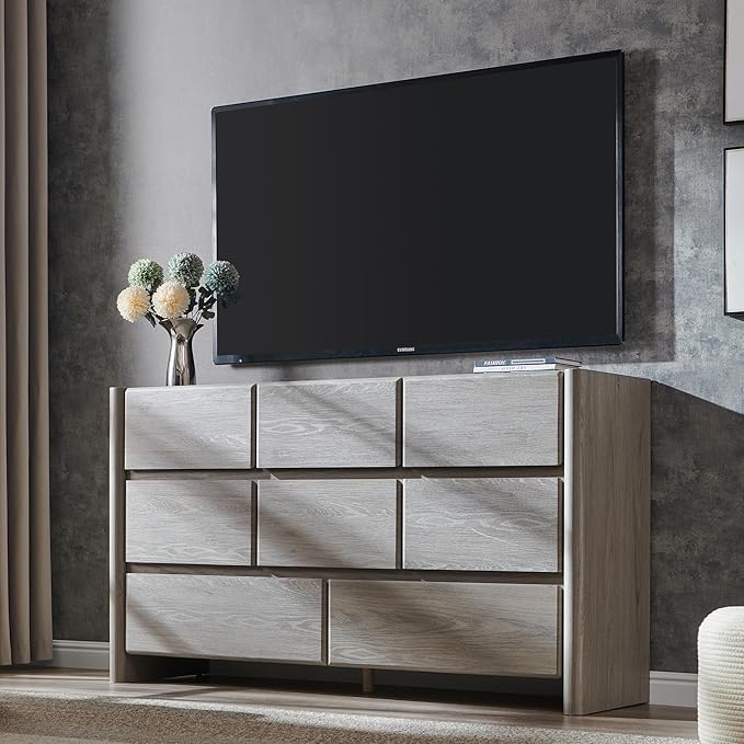 Modern 8 Drawers Dresser for Bedroom, 55" Wide Dresser w/Large Storage & Rounded Corner, Wood Handleless Chests of Drawers w/Natural Texture for Bedroom, Hallway, Living Room-Light Grey