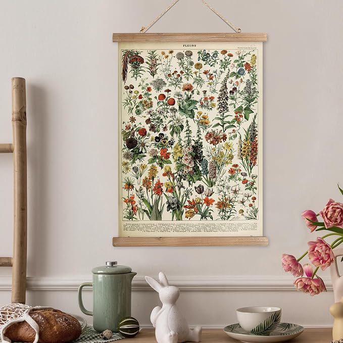 XIAOAIKA Vintage Wildflower Hanging Poster with Wooden Frame, Retro Style Wall Decor Detailed Floral Illustration- Educational Botany Wall Art for Gardeners Home Decor Classroom 12 x 16 Inches