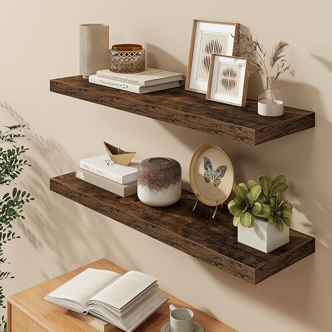 40"W x 9.3"D Floating Shelves for Wall, Wall Mounted Bathroom Shelves 2 Pack Deep Floating Shelf for Bedroom Kitchen Living Room, Rustic Wooden Wall Shelf with Invisible Bracket for Books Decor