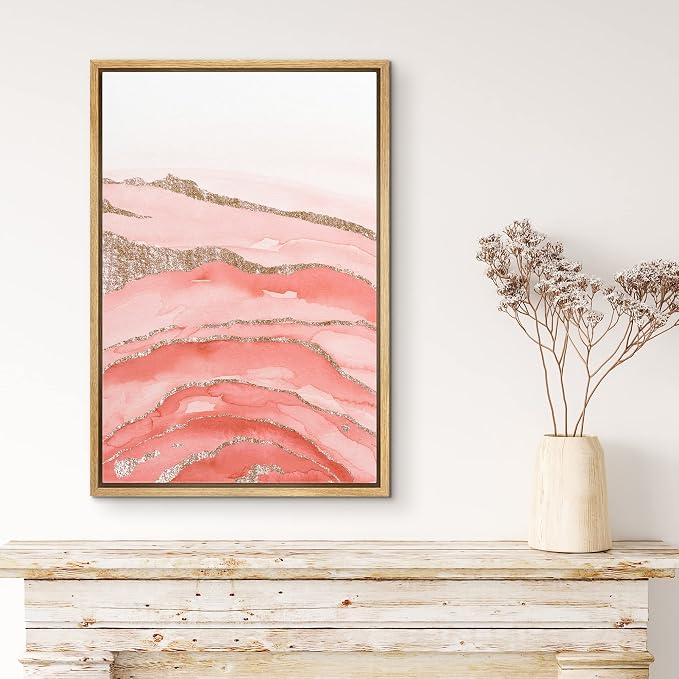 MUDECOR Framed Canvas Print Wall Art Coral Pink Watercolor Gradient Blots Lined with Gold Abstract Shapes Illustrations Modern Art Bohemian Colorful for Living Room, Bedroom, Office - 16"x24" Natural
