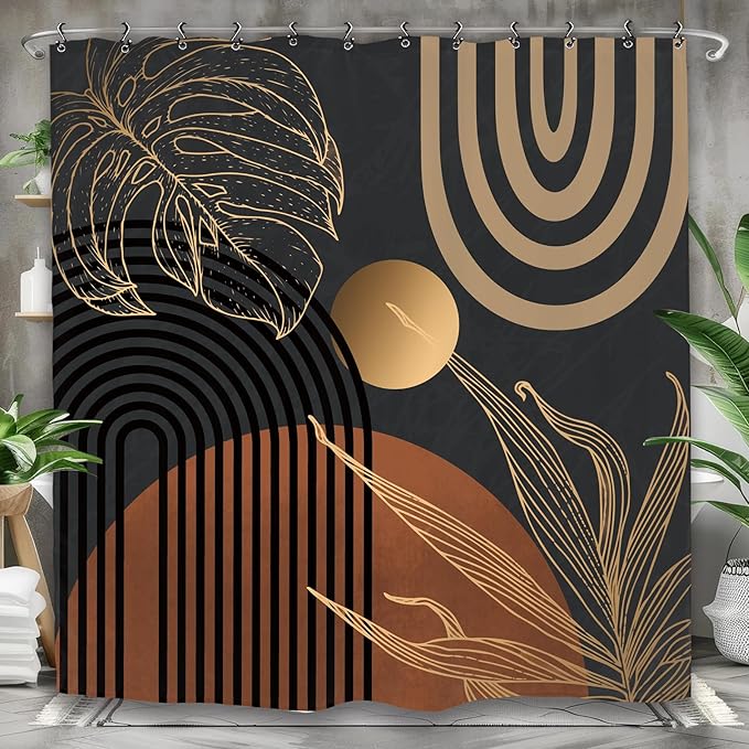 Yookeb Abstract Dark Mid Century Bathroom Shower Curtain 71W by 71H Inch Minimalist Aesthetic Modern Contemporary Leaves Polyester Fabric 12 Plastic Hooks Waterproof Decor