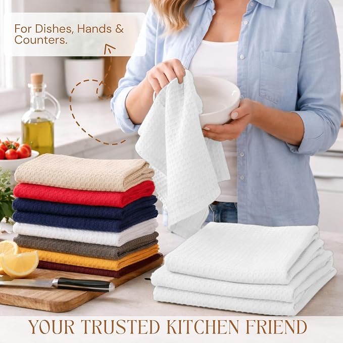 White Waffle Kitchen Dish Towels 100% Cotton, Soft, Absorbent, Quick Drying, Multipurpose Use, Bar & Hand Towels, 16x26 Inches, Durable, Machine Washable, Reusable, Set of 12