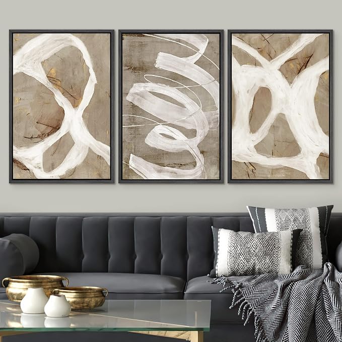 SIGNWIN Framed Canvas Print Wall Art Set White Brown Pastel Paint Strokes Shapes Abstract Illustrations Modern Art Decorative Nordic Chic for Living Room, Bedroom, Office - 24"x36"x3 Black