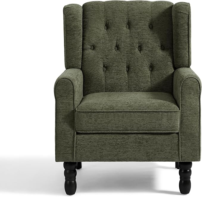 High Back Accent Chair, Fabric Upholstered Armchair Wingback Chair for Living Room, Comfy Single Sofa Solid Wood Legs Bedroom Side Reading Seat - Olive Green