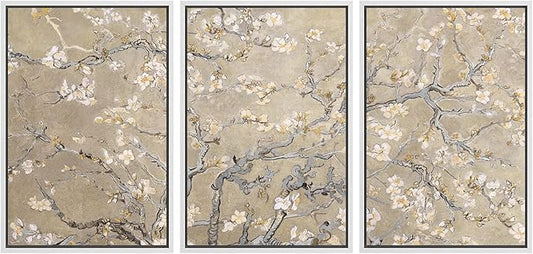 MUDECOR Framed Canvas Print Wall Art Blossoming Branches Vintage Floral Illustrations Realism Decorative for Living Room, Bedroom, Office - 24"x36"x3 White