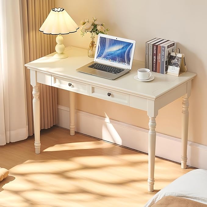 White Writing Desks with Drawers, 47" Solid Wood French Country Style Computer Desk for Home Office, Living Room Study or Workspace