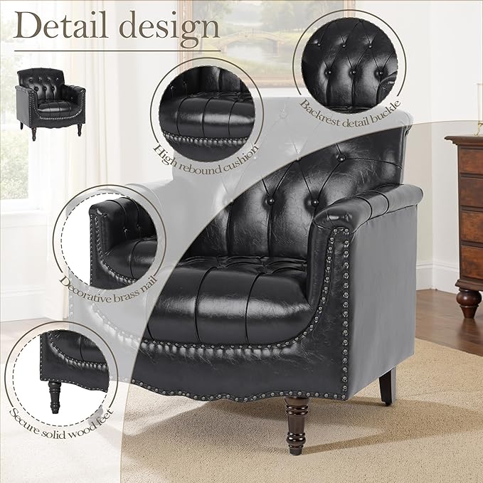 Pia Ricco Faux Leather Armchair Set of 2, Modern Accent Chairs with Nailhead Trim and Solid Wood Legs, Upholstered Comfort for Living Room, Office, Bedroom - Bule Black