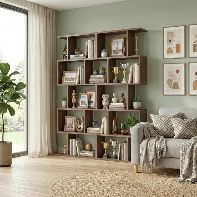 5-Tier Geometric Bookcase (Set of 2), 62.6" Tall S-Shaped Bookshelf & Room Divider, Modern Brown Freestanding Display Shelving Unit for Living Room, Hallway, Home Office