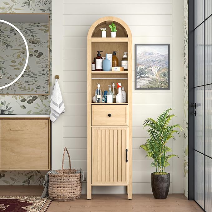 64" Tall Bathroom Storage Cabinet with Adjustable Shelves,Tall Narrow Arched Freestanding Tower Cabinet with Fluted Doors and Drawers,Space Saving Organizer for Bathroom Living Room (Oak)