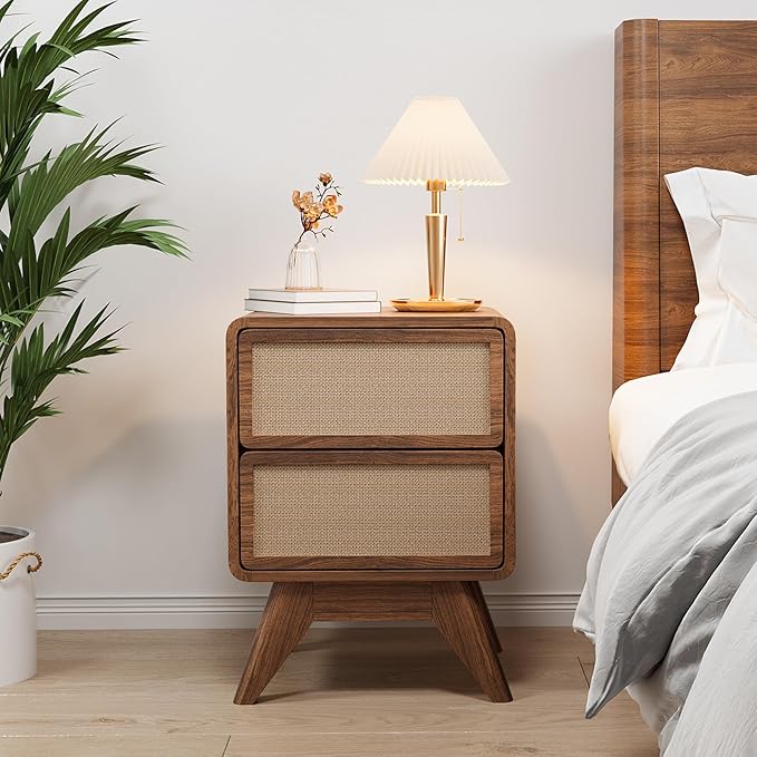 AVZEAR Mid Century Night Stand with 2 Drawers, Wood Bedside Table Curved Round Edge Nightstands with Linen, Solid Wood Legs, End Table Side Table for Small Space, Dorm, Bedroom (Walnut)