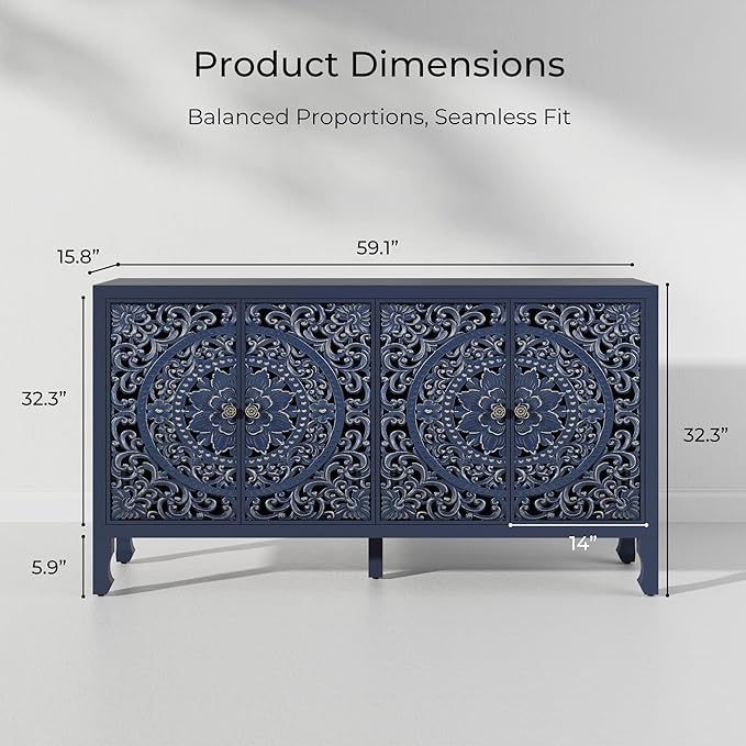 Buffet Cabinet with Storage, Accent Cabinet with 4 Carved Doors, Solid Wood Sideboard with Adjustable Shelf, Vintage Cabinets for Kitchen, Living Room, Entryway, Blue