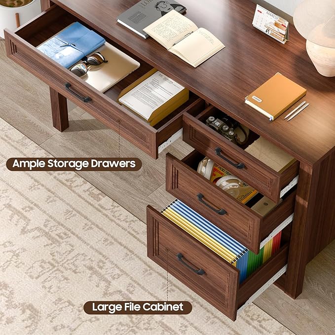 Vabches Farmhouse Executive Desk with Storage and Ample File Drawer, Rustic Large Home Writing Desk for Bedroom, Walnut