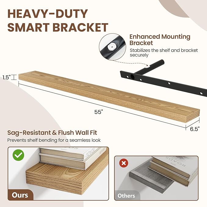 55 Inch Floating Shelves for Wall 1 Pack, 55" Wall Shelves for Books, Storage, Decor, Wall Mounted Floating Shelf with Invisible Brackets for Kitchen, Living Room, Light Brown