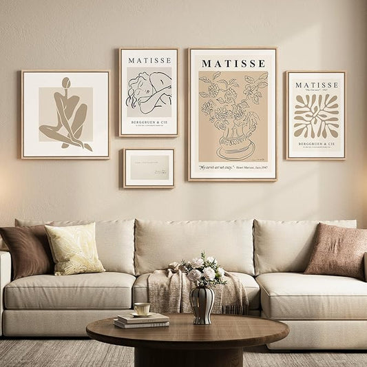 Large Framed Matisse Wall Art Set of 5, Neutral Beige Abstract Geometric Botanical Canvas Prints, Modern Minimalist Wall Decor for Living Room, Bedroom, Dining Room, Hallway, or Office