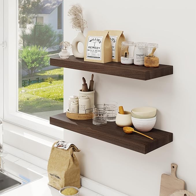Floating Shelves for Wall, USA-Sourced Sapele Wood 24 Inch Wall Shelves Set of 2, Natural Wooden Mounted Picture Ledge Shelf, Nursery Book Storage Shelf Kids Bookshelf Display, Shelf for Bathroom