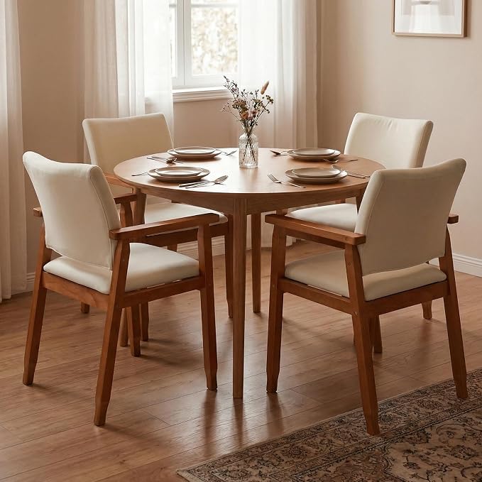 Set of 2 Mid Century Modern Walnut Dining Chairs Wood Arm Beige Fabric Kitchen Cafe Living Room Decor Furniture