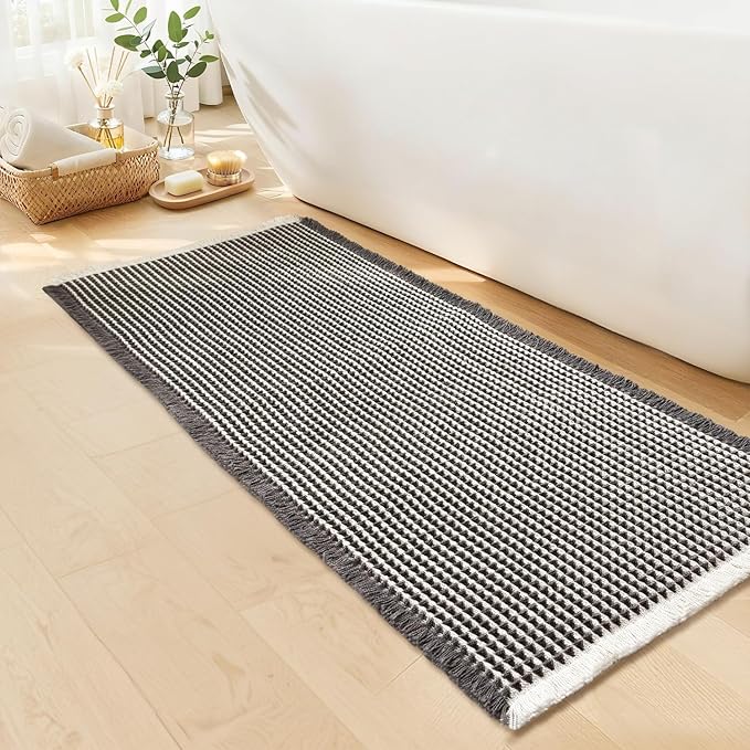 Waffle Bath Mat - Boho Bathroom Rugs Non Slip Washable, Super Absorbent & Quick Dry, Soft Bath Mat Farmhouse Bathroom Decor, 20'' x 48'', Dark Grey and White