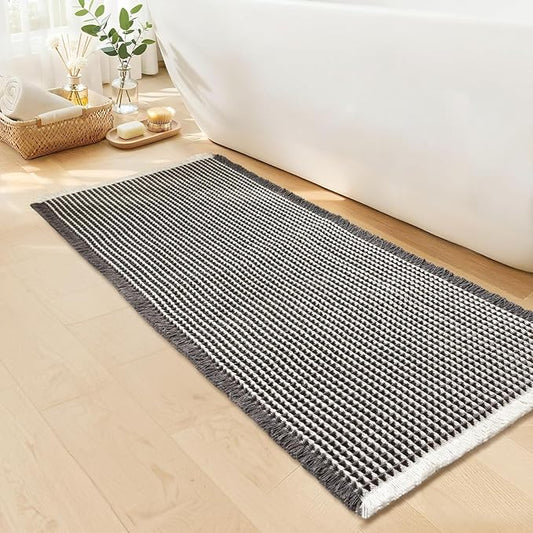 Waffle Bath Mat - Boho Bathroom Rugs Non Slip Washable, Super Absorbent & Quick Dry, Soft Bath Mat Farmhouse Bathroom Decor, 20'' x 48'', Dark Grey and White