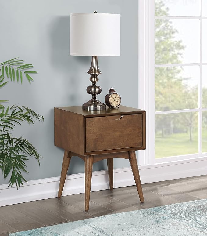 OSP Home Furnishings Copenhagen Mid-Century Modern Accent Table, Large Storage Drawer, Tapered Legs, Walnut Finish