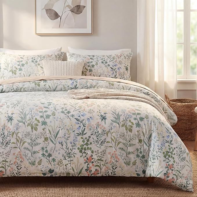 Duvet Cover Full Size 100% Cotton Comforter Cover Green Floral Breathable Duvet Cover with Zipper Closure & Corner Ties 3 Pcs Green Fragrant Grass Duvet Cover Set